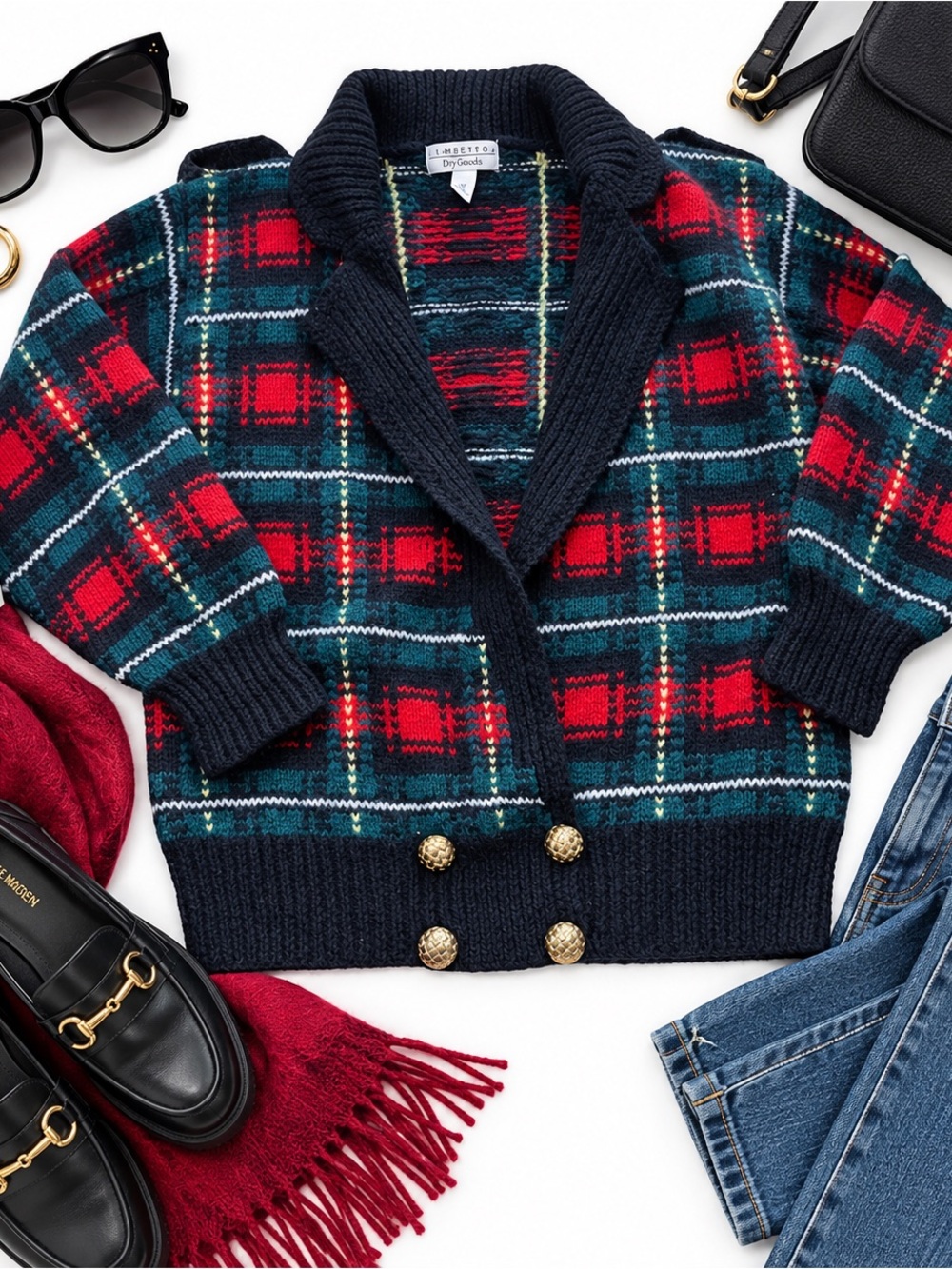 Cambridge Dry Goods Vintage Wool Tartan Plaid Shawl Cardigan Sweater Womens Sz M
